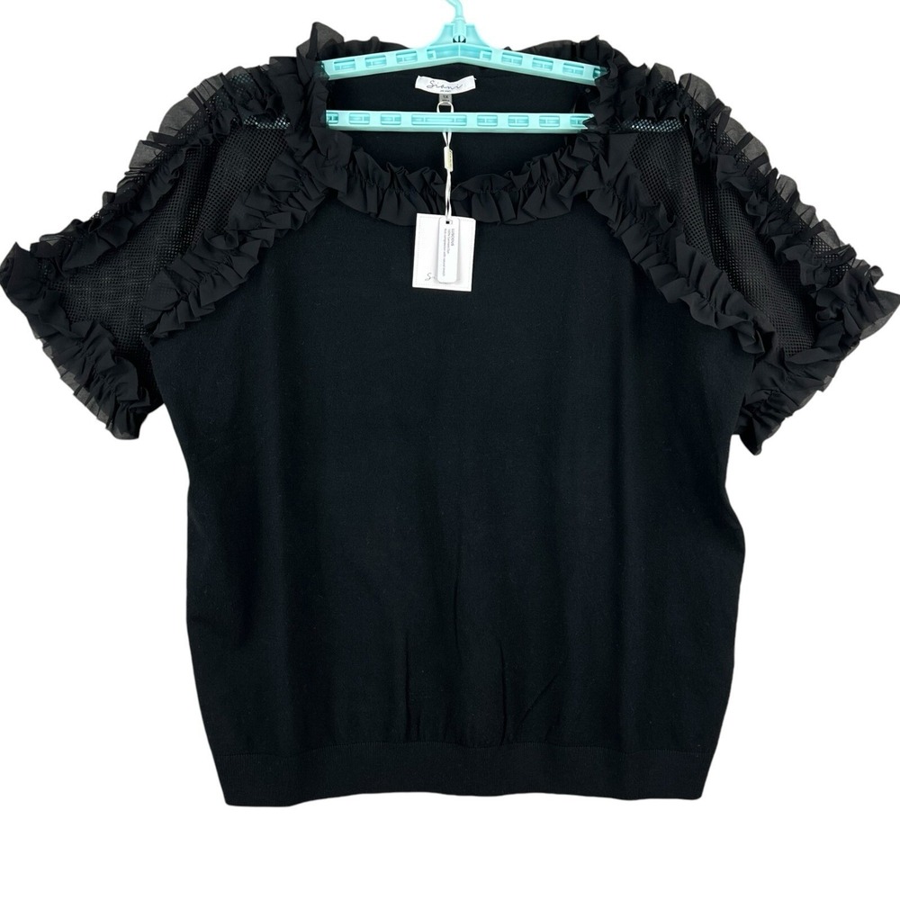 Sioni Milano Women's Mesh Ruffle Shoulder Black Blouse Size 2X Luscious Knit NWT
